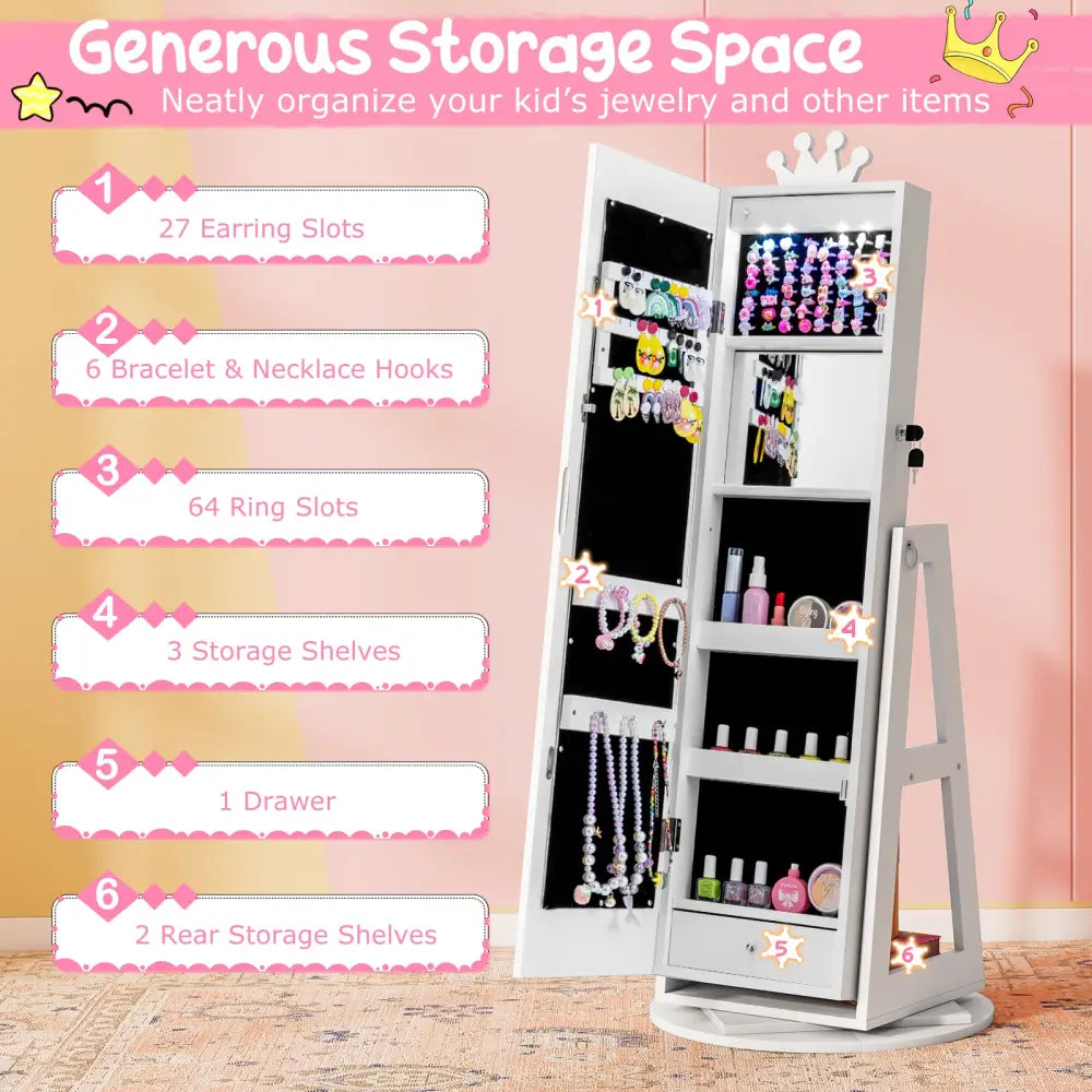 3 In 1 Kids Jewelry Cabinet with 3-Color Lighted Full Length Mirror and Internal Mirror-White - White - Kids Vanities