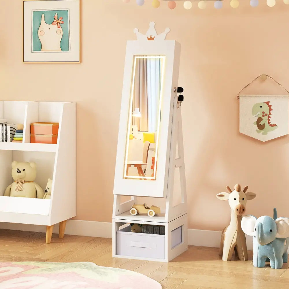 3 In 1 Kids Jewelry Cabinet with 3-Color Lighted Full Length Mirror-White - White - Kids Vanities