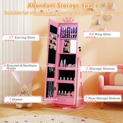 3 In 1 Kids Jewelry Cabinet with 3-Color Lighted Full Length Mirror and Internal Mirror-Pink - Pink - Kids Vanities