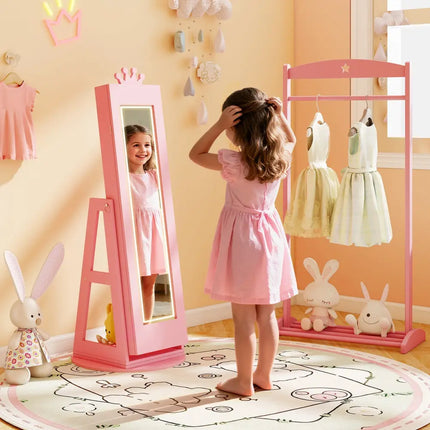 3 In 1 Kids Jewelry Cabinet with 3-Color Lighted Full Length Mirror and Internal Mirror-Pink - Pink - Kids Vanities