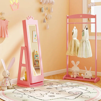 3 In 1 Kids Jewelry Cabinet with 3-Color Lighted Full Length Mirror and Internal Mirror-Pink - Pink - Kids Vanities