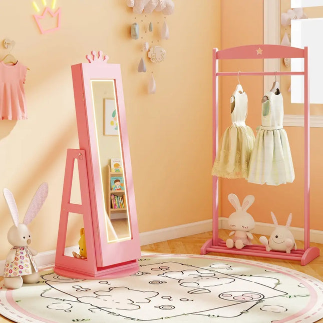 3 In 1 Kids Jewelry Cabinet with 3-Color Lighted Full Length Mirror and Internal Mirror-Pink - Pink - Kids Vanities