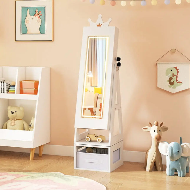 3 In 1 Kids Jewelry Cabinet with 3-Color Lighted Full Length Mirror-White - White - Kids Vanities