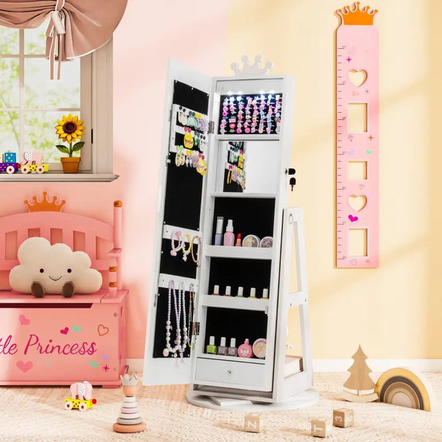 3 In 1 Kids Jewelry Cabinet with 3-Color Lighted Full Length Mirror and Internal Mirror-White - White - Kids Vanities