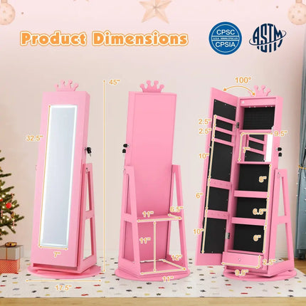 3 In 1 Kids Jewelry Cabinet with 3-Color Lighted Full Length Mirror and Internal Mirror-Pink - Pink - Kids Vanities