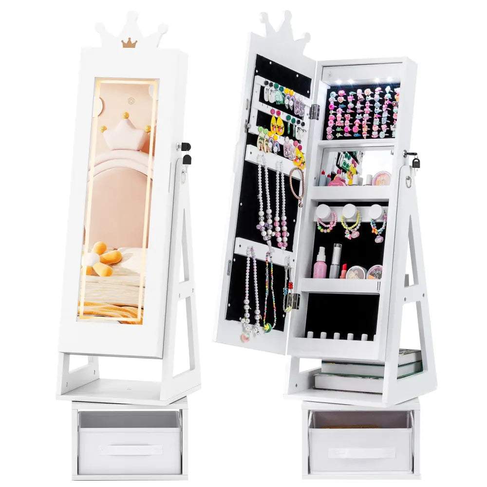 3 In 1 Kids Jewelry Cabinet with 3-Color Lighted Full Length Mirror-White - White - Kids Vanities
