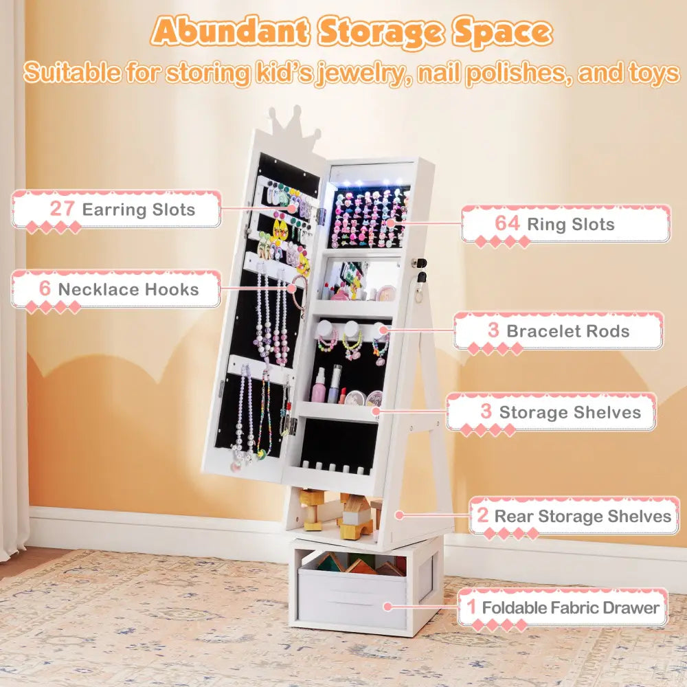 3 In 1 Kids Jewelry Cabinet with 3-Color Lighted Full Length Mirror-White - White - Kids Vanities