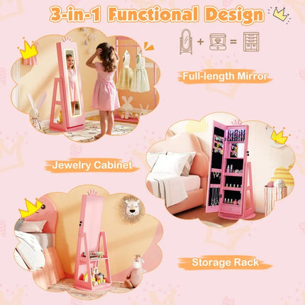 3 In 1 Kids Jewelry Cabinet with 3-Color Lighted Full Length Mirror and Internal Mirror-Pink - Pink - Kids Vanities