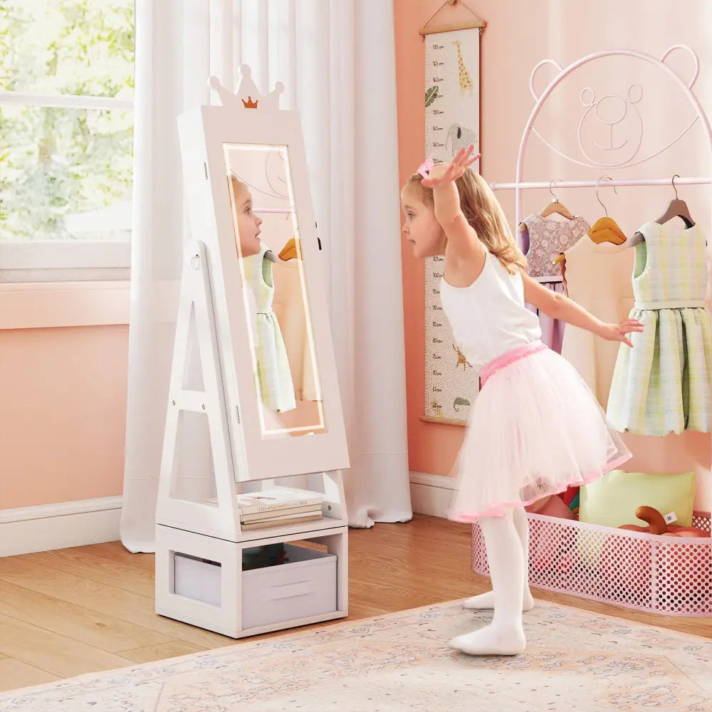 3 In 1 Kids Jewelry Cabinet with 3-Color Lighted Full Length Mirror-White - White - Kids Vanities