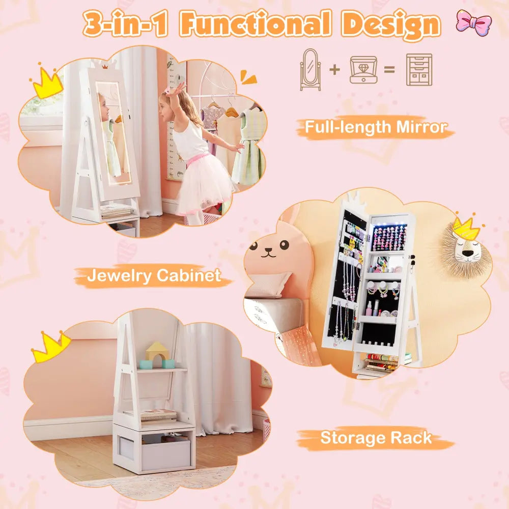 3 In 1 Kids Jewelry Cabinet with 3-Color Lighted Full Length Mirror-White - White - Kids Vanities