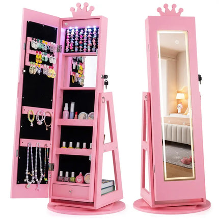 3 In 1 Kids Jewelry Cabinet with 3-Color Lighted Full Length Mirror and Internal Mirror-Pink - Pink - Kids Vanities
