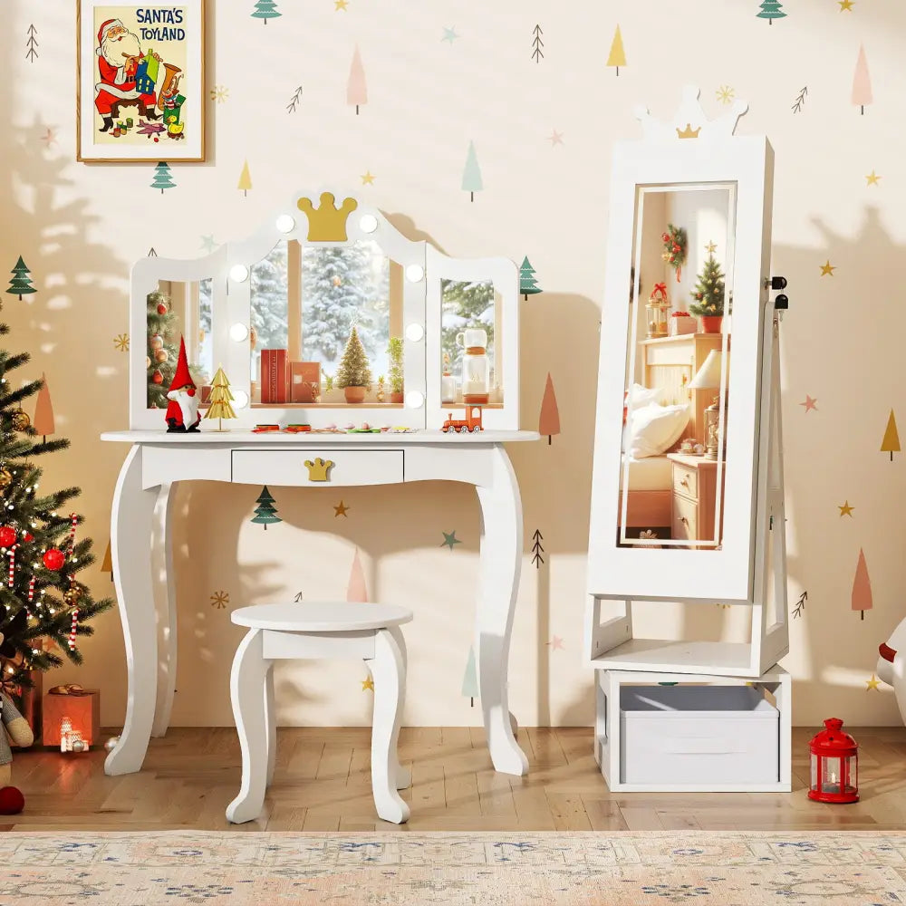 3 In 1 Kids Jewelry Cabinet with 3-Color Lighted Full Length Mirror-White - White - Kids Vanities
