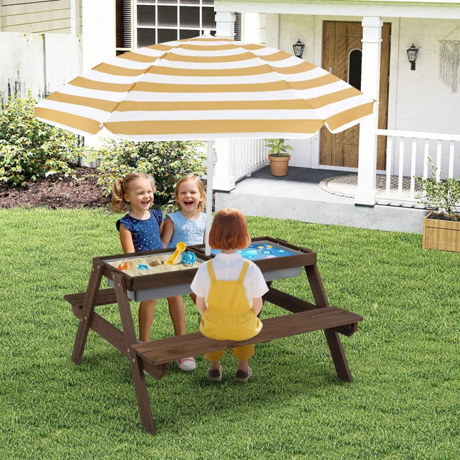 3-in-1 Kids Outdoor Picnic Water Sand Table with Removable Umbrella and Boxes-Coffee - Coffee - Kids Table & Chair Sets