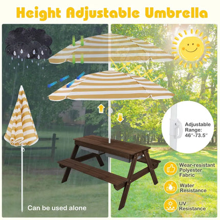 3-in-1 Kids Outdoor Picnic Water Sand Table with Removable Umbrella and Boxes-Coffee - Coffee - Kids Table & Chair Sets