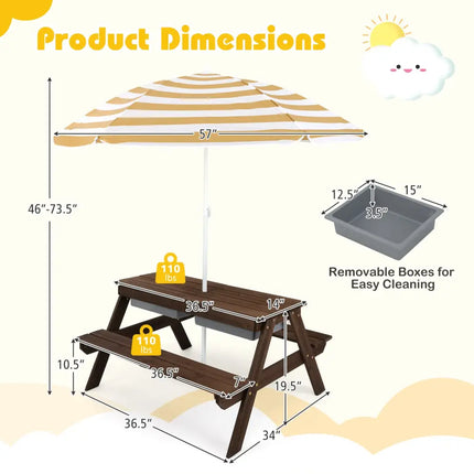 3-in-1 Kids Outdoor Picnic Water Sand Table with Removable Umbrella and Boxes-Coffee - Coffee - Kids Table & Chair Sets