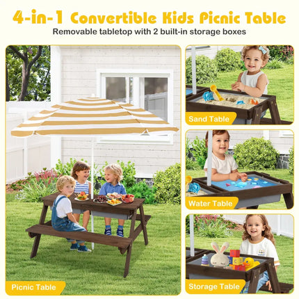 3-in-1 Kids Outdoor Picnic Water Sand Table with Removable Umbrella and Boxes-Coffee - Coffee - Kids Table & Chair Sets