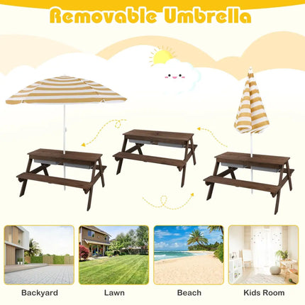 3-in-1 Kids Outdoor Picnic Water Sand Table with Removable Umbrella and Boxes-Coffee - Coffee - Kids Table & Chair Sets