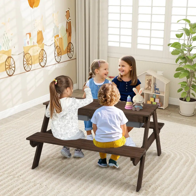 3-in-1 Kids Outdoor Picnic Water Sand Table with Removable Umbrella and Boxes-Coffee - Coffee - Kids Table & Chair Sets