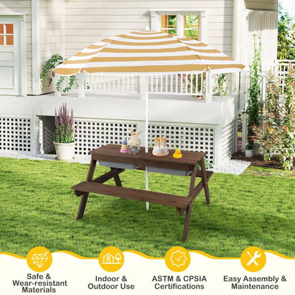 3-in-1 Kids Outdoor Picnic Water Sand Table with Removable Umbrella and Boxes-Coffee - Coffee - Kids Table & Chair Sets