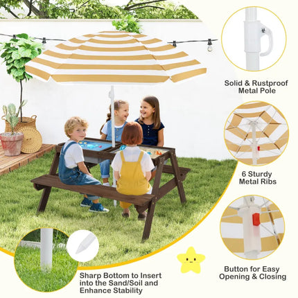 3-in-1 Kids Outdoor Picnic Water Sand Table with Removable Umbrella and Boxes-Coffee - Coffee - Kids Table & Chair Sets