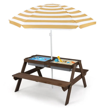 3-in-1 Kids Outdoor Picnic Water Sand Table with Removable Umbrella and Boxes-Coffee - Coffee - Kids Table & Chair Sets