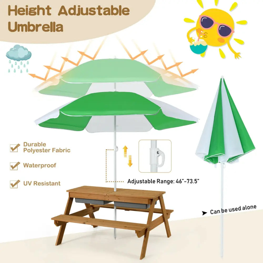 3-in-1 Kids Outdoor Picnic Water Sand Table with Umbrella Play Boxes-Green - Green - Kids Table & Chair Sets