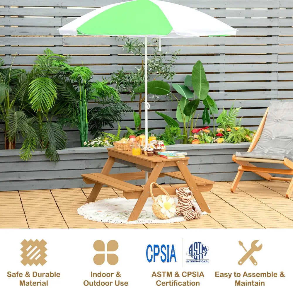 3-in-1 Kids Outdoor Picnic Water Sand Table with Umbrella Play Boxes-Green - Green - Kids Table & Chair Sets