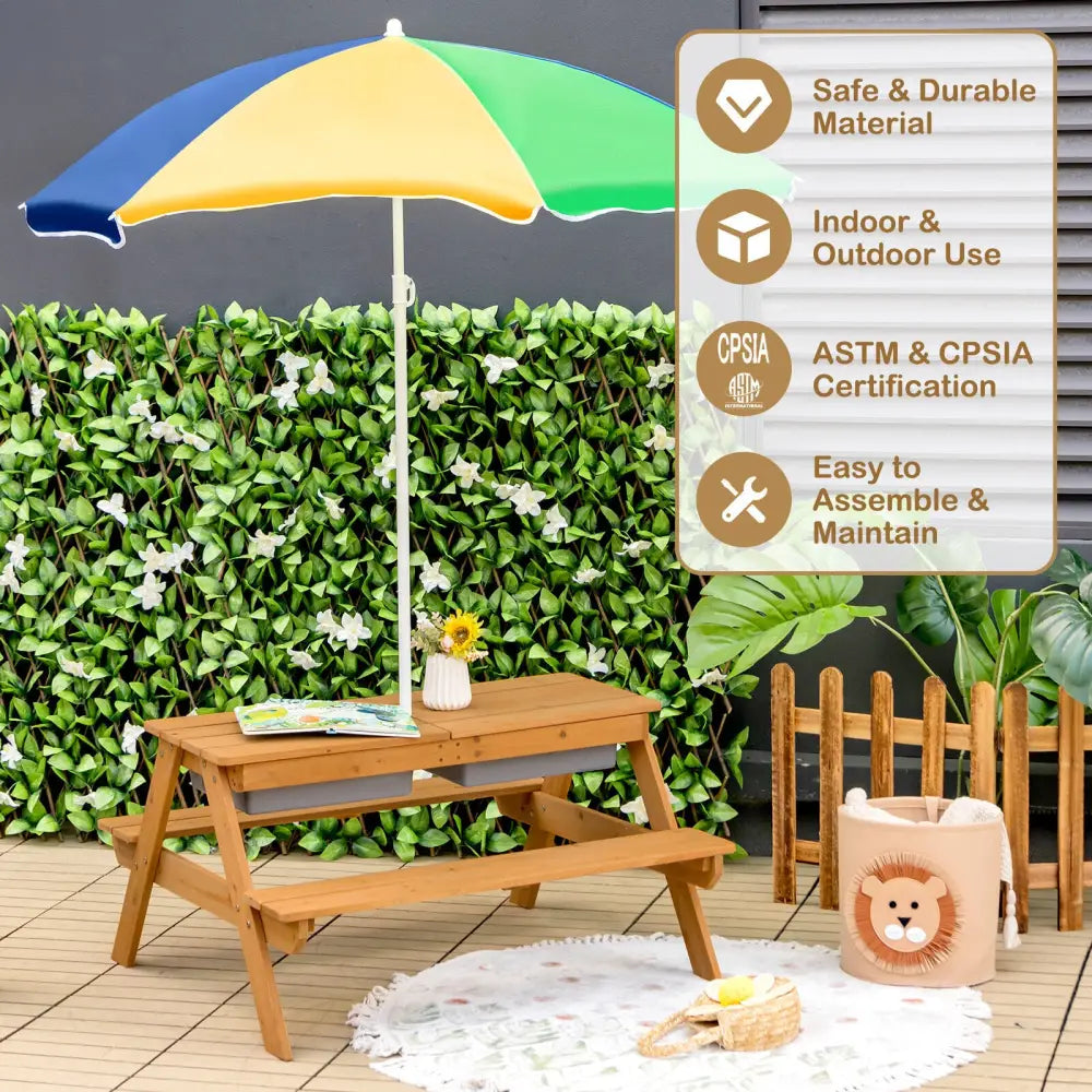 3-in-1 Kids Outdoor Picnic Water Sand Table with Umbrella Play Boxes-Yellow - Yellow - Kids Table & Chair Sets