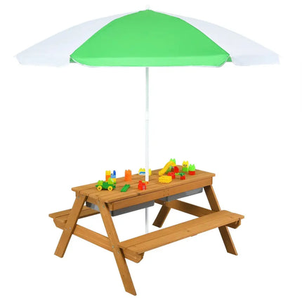 3-in-1 Kids Outdoor Picnic Water Sand Table with Umbrella Play Boxes-Green - Green - Kids Table & Chair Sets