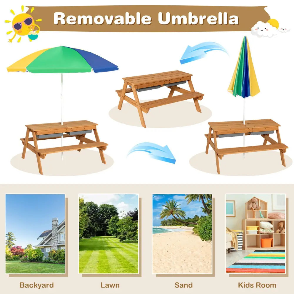 3-in-1 Kids Outdoor Picnic Water Sand Table with Umbrella Play Boxes-Yellow - Yellow - Kids Table & Chair Sets