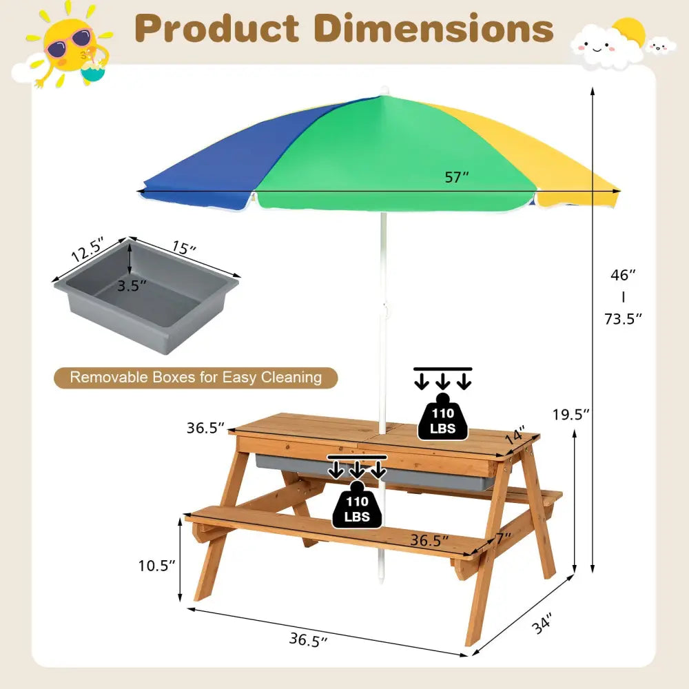 3-in-1 Kids Outdoor Picnic Water Sand Table with Umbrella Play Boxes-Yellow - Yellow - Kids Table & Chair Sets