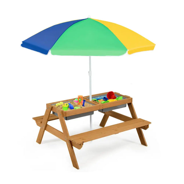 3-in-1 Kids Outdoor Picnic Water Sand Table with Umbrella Play Boxes-Yellow - Yellow - Kids Table & Chair Sets