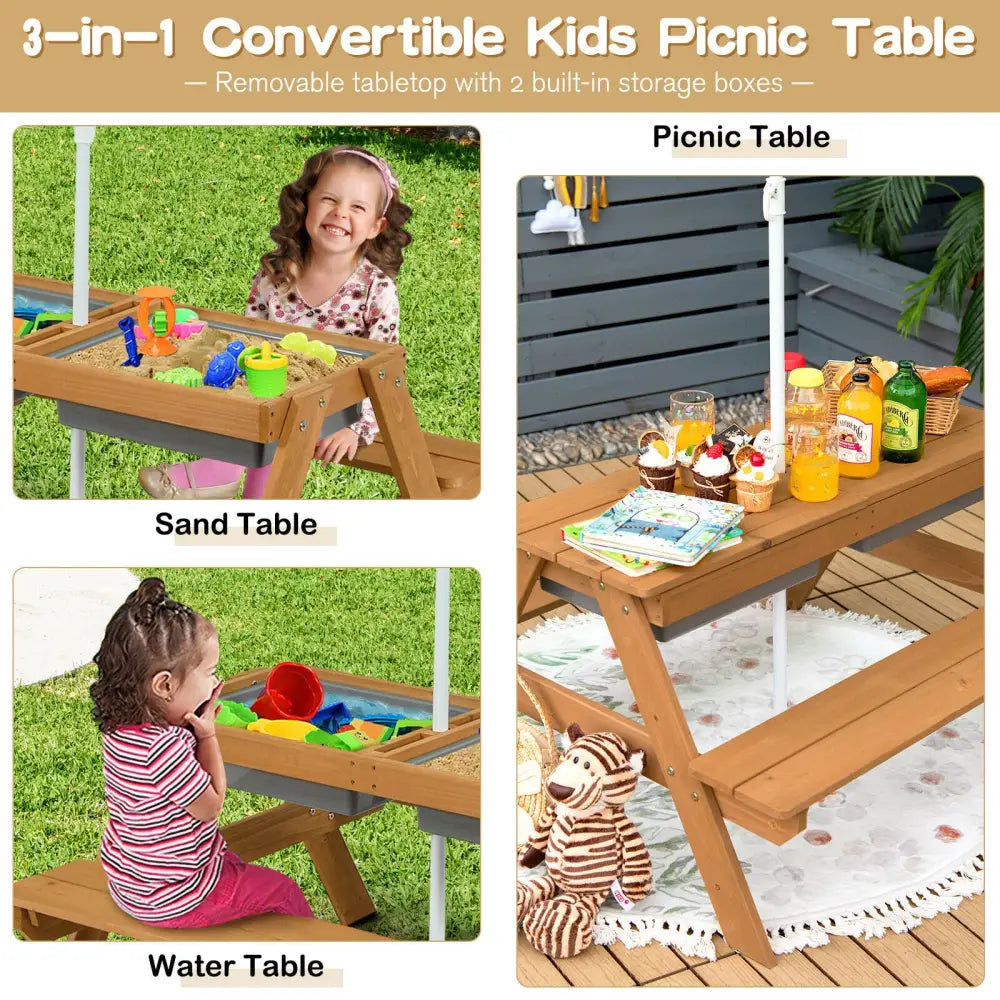 3-in-1 Kids Outdoor Picnic Water Sand Table with Umbrella Play Boxes-Green - Green - Kids Table & Chair Sets