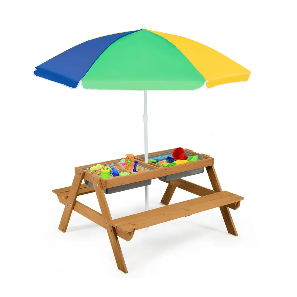 3-in-1 Kids Outdoor Picnic Water Sand Table with Umbrella Play Boxes-Yellow - Yellow - Kids Table & Chair Sets