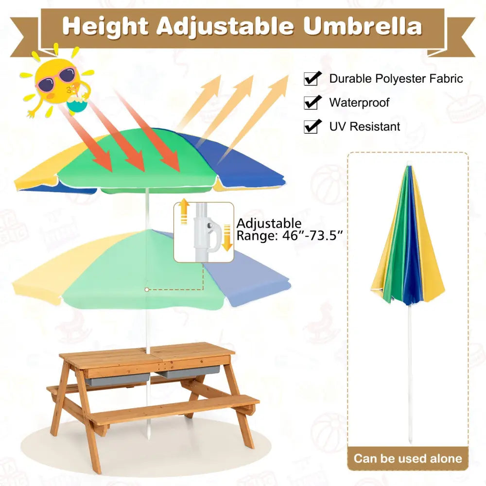 3-in-1 Kids Outdoor Picnic Water Sand Table with Umbrella Play Boxes-Yellow - Yellow - Kids Table & Chair Sets