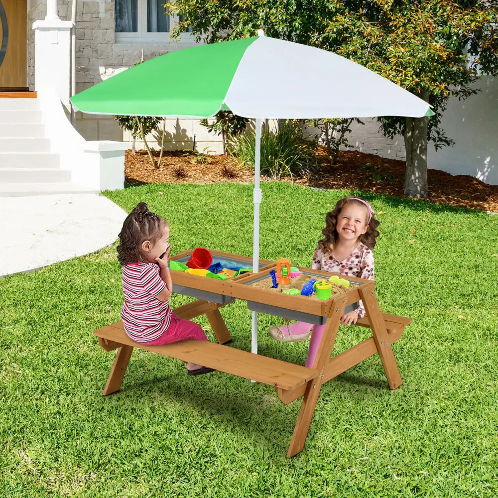 3-in-1 Kids Outdoor Picnic Water Sand Table with Umbrella Play Boxes-Green - Green - Kids Table & Chair Sets
