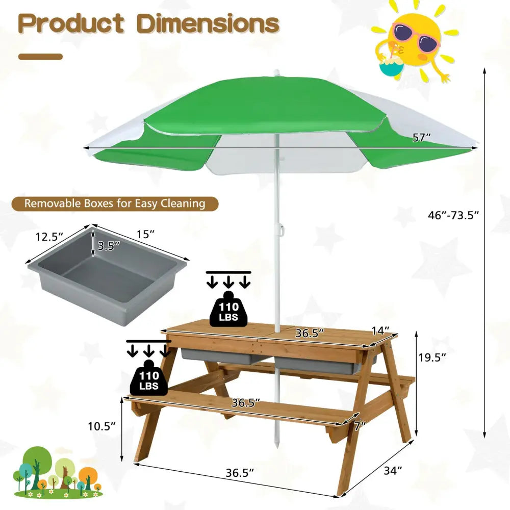 3-in-1 Kids Outdoor Picnic Water Sand Table with Umbrella Play Boxes-Green - Green - Kids Table & Chair Sets