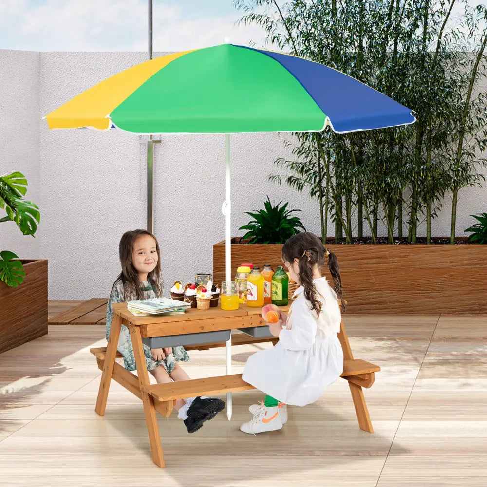3-in-1 Kids Outdoor Picnic Water Sand Table with Umbrella Play Boxes-Yellow - Yellow - Kids Table & Chair Sets