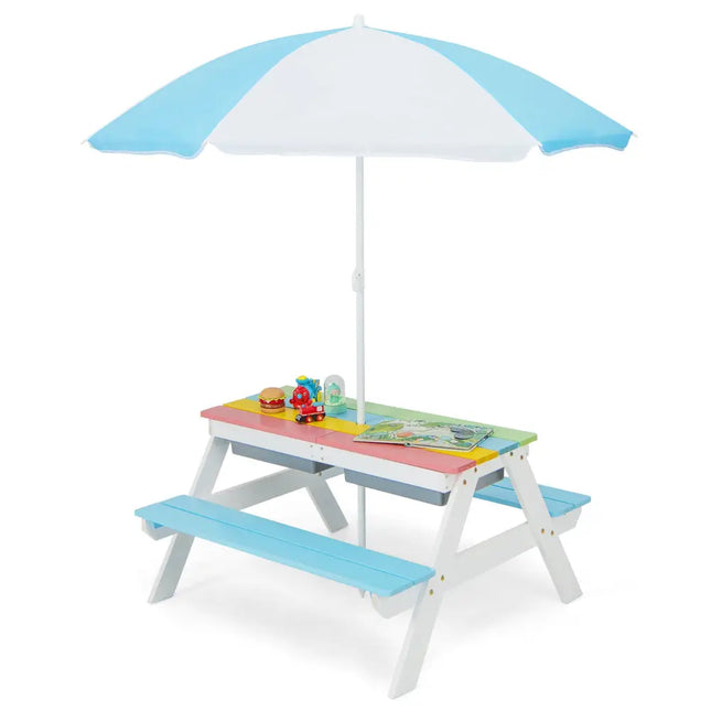 3-in-1 Kids Outdoor Picnic Water Sand Table with Umbrella Play Boxes-Blue - Blue - Kids Table & Chair Sets