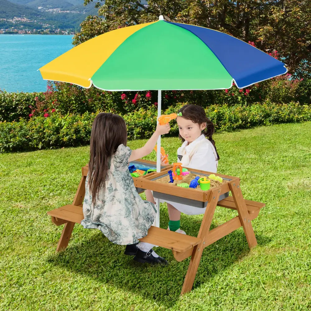 3-in-1 Kids Outdoor Picnic Water Sand Table with Umbrella Play Boxes-Yellow - Yellow - Kids Table & Chair Sets