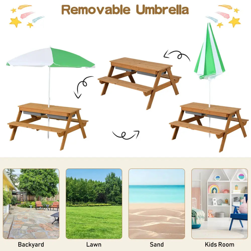 3-in-1 Kids Outdoor Picnic Water Sand Table with Umbrella Play Boxes-Green - Green - Kids Table & Chair Sets
