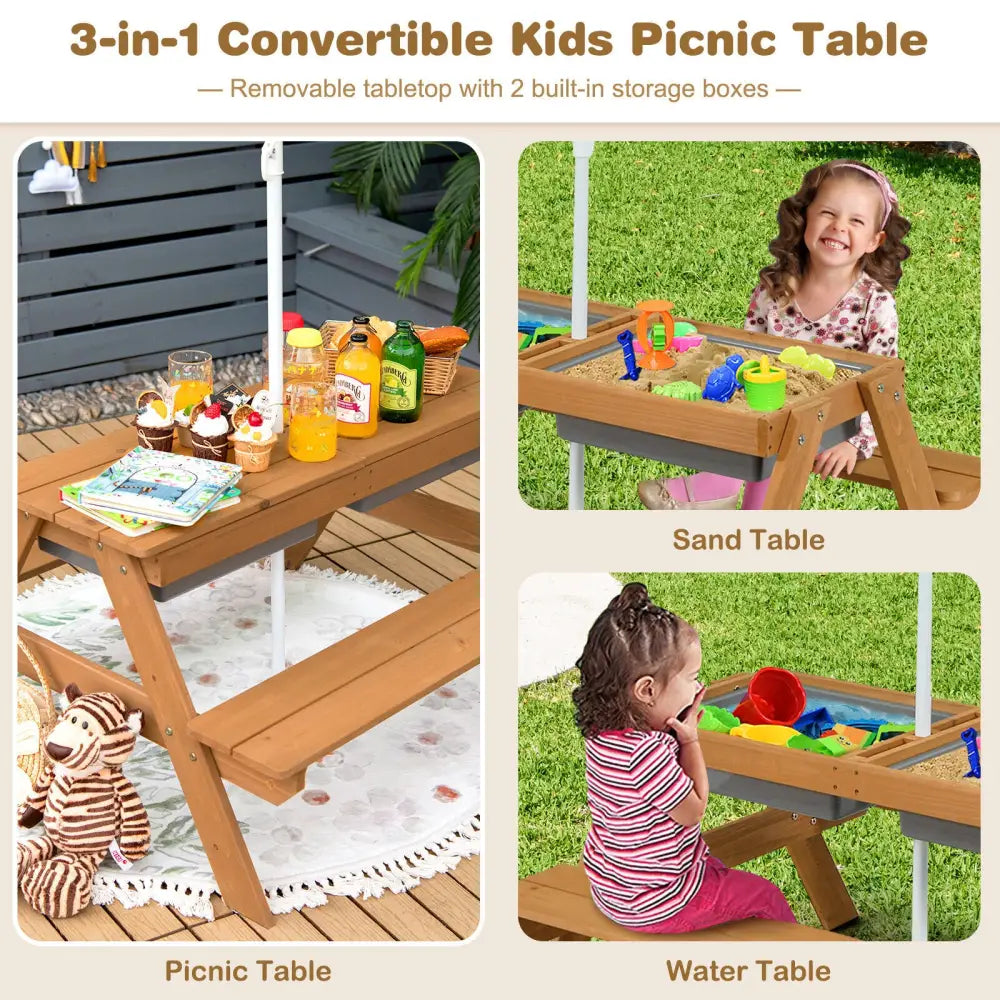 3-in-1 Kids Outdoor Picnic Water Sand Table with Umbrella Play Boxes-Yellow - Yellow - Kids Table & Chair Sets