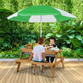 3-in-1 Kids Outdoor Picnic Water Sand Table with Umbrella Play Boxes-Green - Green - Kids Table & Chair Sets
