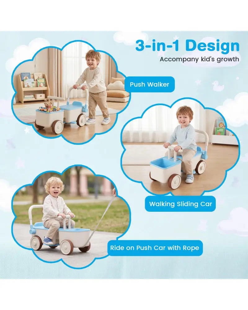 3-in-1 Kids Ride On Push Car with Rope and Storage Basket-Blue - Blue - Push & Pedal Ride On Toys
