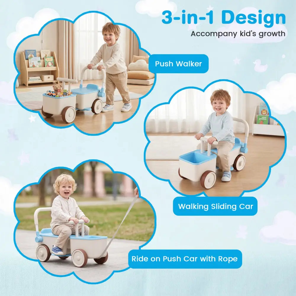 3-in-1 Kids Ride On Push Car with Rope and Storage Basket-Blue - Blue - Push & Pedal Ride On Toys