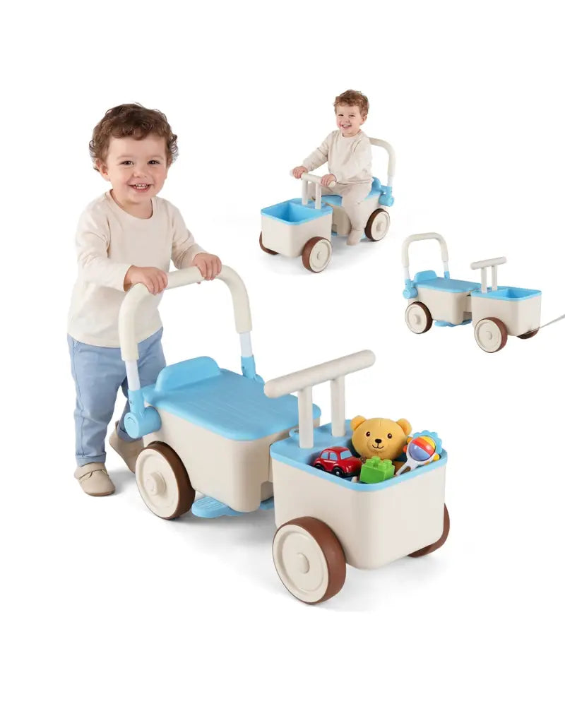 3-in-1 Kids Ride On Push Car with Rope and Storage Basket-Blue - Blue - Push & Pedal Ride On Toys