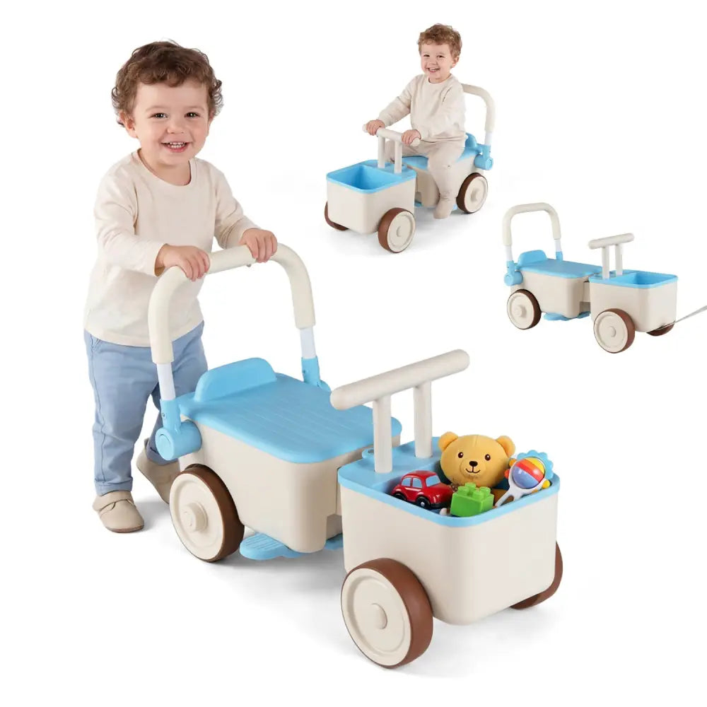 3-in-1 Kids Ride On Push Car with Rope and Storage Basket-Blue - Blue - Push & Pedal Ride On Toys