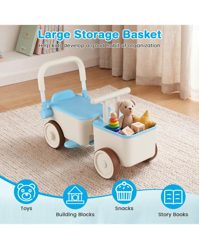 3-in-1 Kids Ride On Push Car with Rope and Storage Basket-Blue - Blue - Push & Pedal Ride On Toys