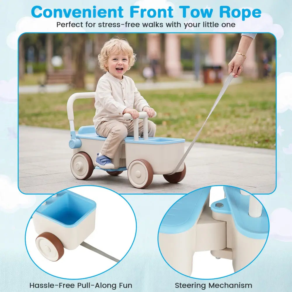 3-in-1 Kids Ride On Push Car with Rope and Storage Basket-Blue - Blue - Push & Pedal Ride On Toys