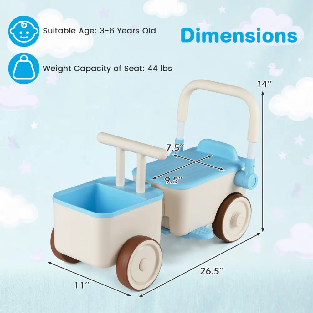 3-in-1 Kids Ride On Push Car with Rope and Storage Basket-Blue - Blue - Push & Pedal Ride On Toys